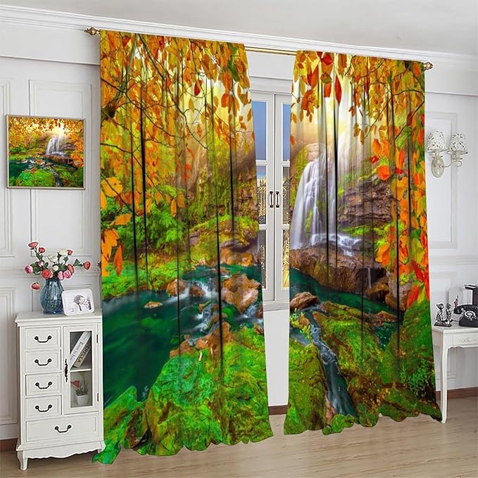 Waterfall Blackout Curtains, Waterfall Landscape Autumn Nature Leaves Forest Window Drapes, for Bedroom Living Room 42" W X 45" L