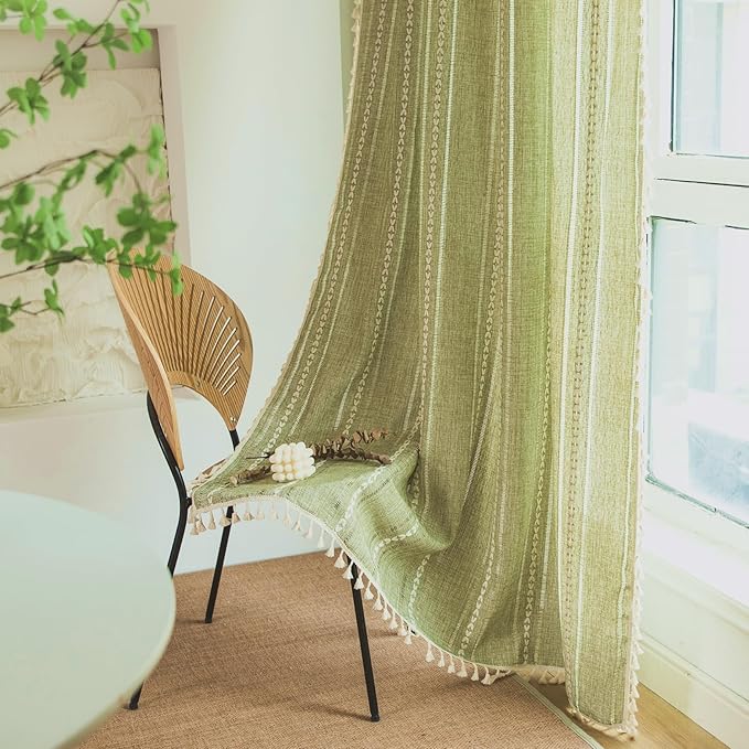 Deeprove Green Boho Curtain 84 Inches Long for Bedroom Dining Room Kitchen Closet, Bohemian Chic Textured Embroidery, Vintage Handmade Tassels Christmas Decor Drape, Rod Pocket, 1 Panel W52 x L84