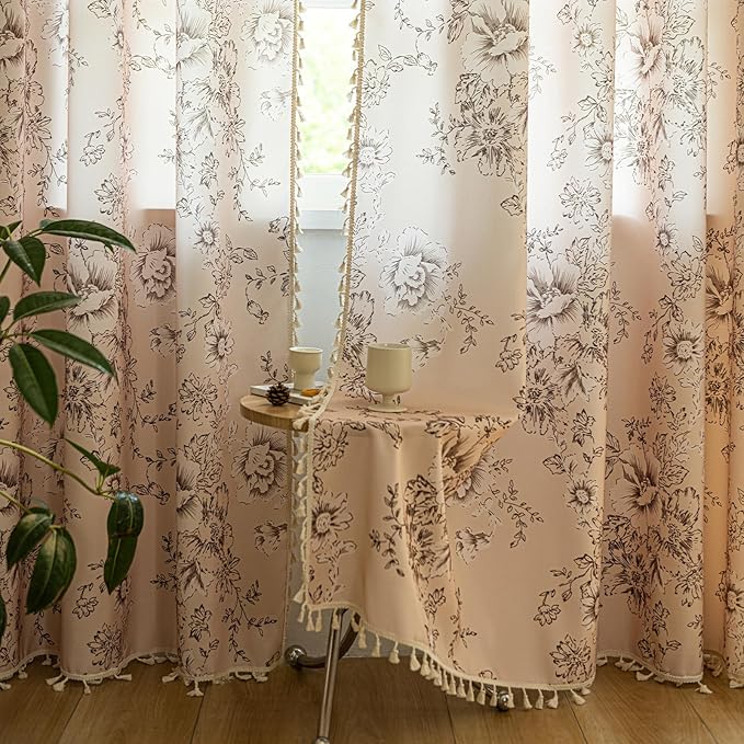 ENJOYBRIDAL Floral Curtains 84 Inches Long 2 Panels Living Room Farmhouse Drapes Bedroom Boho Semi Sheer Flower Window Curtain Panels Floor Length Cute Rod Pocket Botanical Pattern Window Treatments