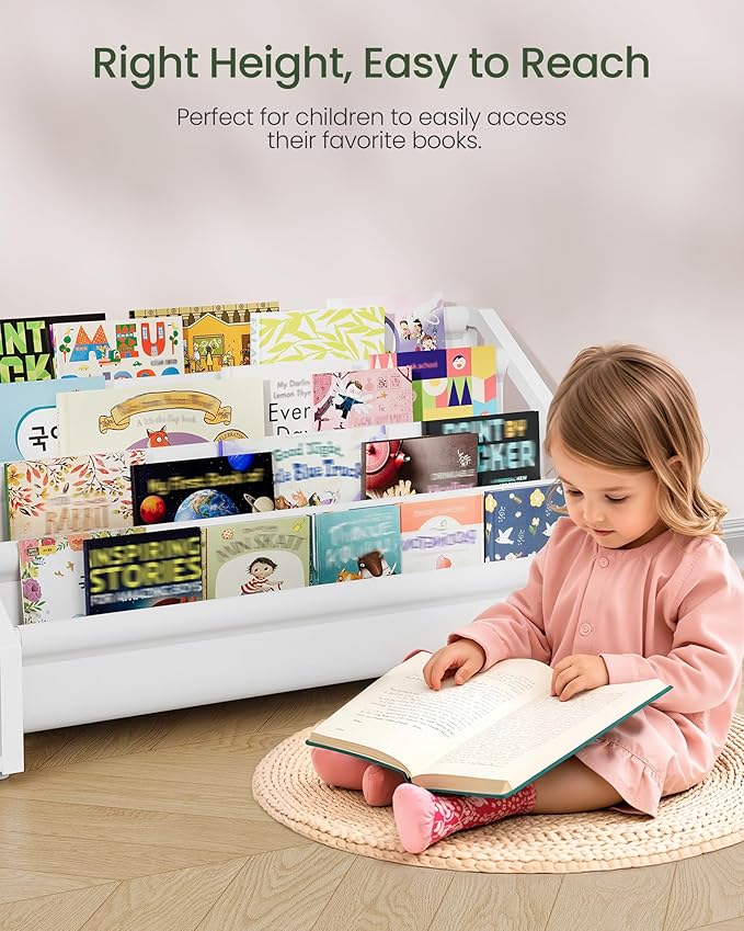 Kids Bookshelf, Book Shelf for Kids Rooms, Toddler Bookshelf with 2 Open Shelves and 4-Tier Sling Rack, for Kid Room, Nursery, Bedroom, Playroom, White TCW06WB