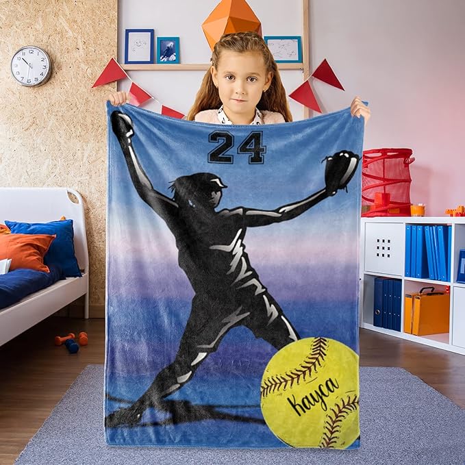Custom Softball Blanket with Name Number: Personalized Fluffy and Warm Gift for Baby Toddler Kids and Adults Birthday Skin-Friendly Flannel Fabric(40x50inch)