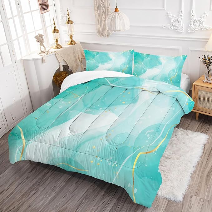 Comforter Set Teal Marble: King Size Aqua Marble Bedding Sets for Women Adults Room Decor Abstract Cyan Blue Green Quilt Luxury Gold Bed Set 1 Comforter & 2 Pillowcases