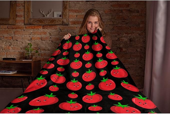 Thuswarm Cute Tomato Kawaii Black Flannel Throw Blanket Warm Cozy Soft Funny Print Blankets for Bed Couch Sofa Room Decoration Gifts 40”×30” XSmall for Pets