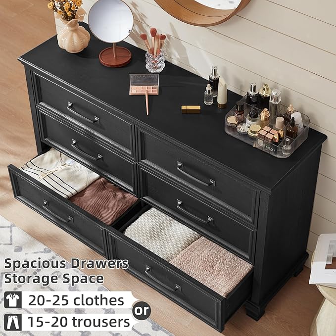 Farmhouse Bedroom Dresser and Nightstand Set of 4, 6 Drawer Tall & Low Dresser & 3 Drawer Nightstand Set with Wooden Legs, Rustic Wood Furniture Sets for Bedroom, Hallway, Black