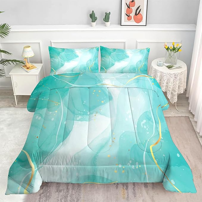 Comforter Set Teal Marble: King Size Aqua Marble Bedding Sets for Women Adults Room Decor Abstract Cyan Blue Green Quilt Luxury Gold Bed Set 1 Comforter & 2 Pillowcases