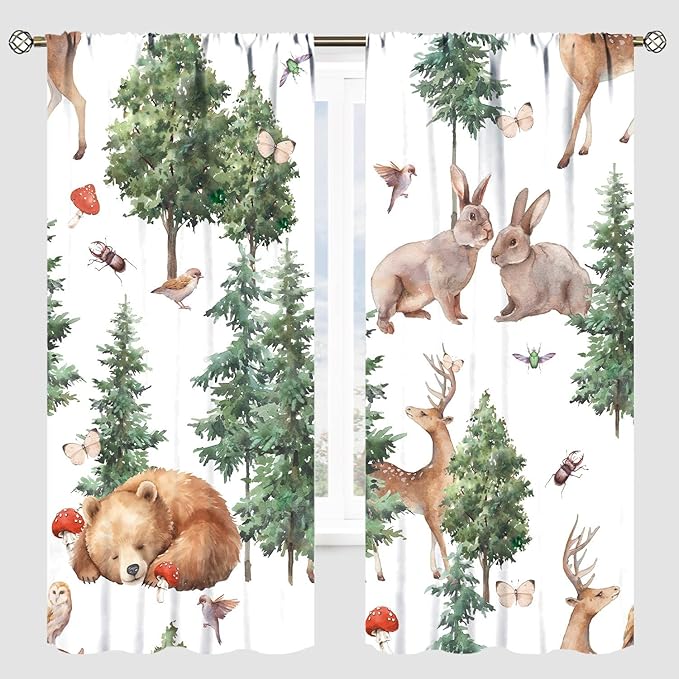 YCness Forest Animal Curtains, Wild Animals Watercolor Woodland Bear Rabbit Cartoon Window Treatments for Kids Bedroom Living Room Kitchen Living Room Drapes, 42x45 Inch