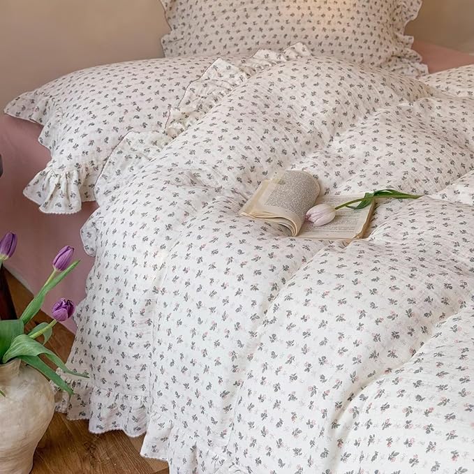 BuLuTu Muslin Cotton Duvet Cover Full, Teens Kids Ruffles Comforter Cover, Chic Shabby Pink Bellflower Print Quilt Covers 79"x90", Zipper Closure, No Pillow Case, Machine Wash