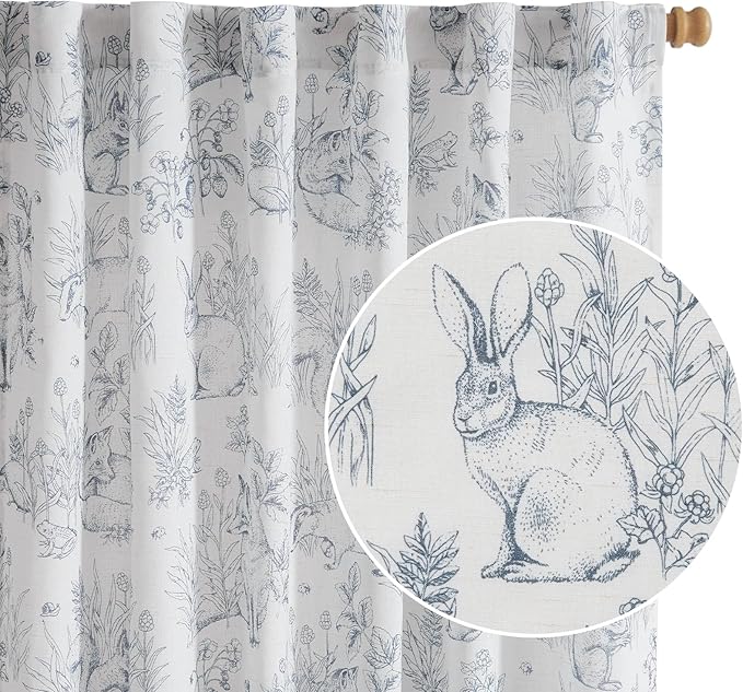 jinchan Linen Nursery Curtains 63 inch Long Woodland Wildlife Blue Print Drapes for Kid's Room Light Filtering French Country Farmhouse Curtains with Bunny and Forest Design Set of 2 Panels