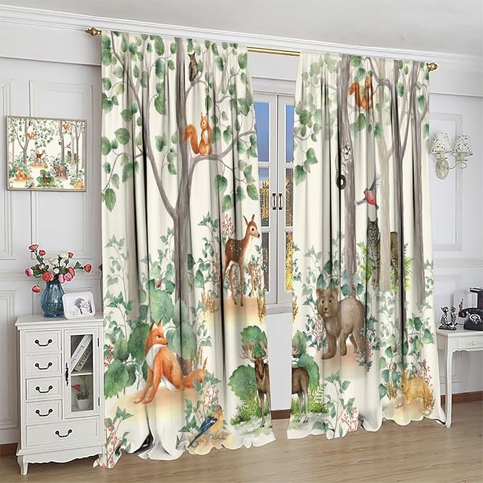 Woodland Animal Curtains, Cartoon Wild Rustic Forest Animals Pattern Blackout Window Treatments, Rod Pocket Thermal Insulated Drapes 2 Panel Sets for Kids Bedroom Nursery Classroom, 55" W X 63" L