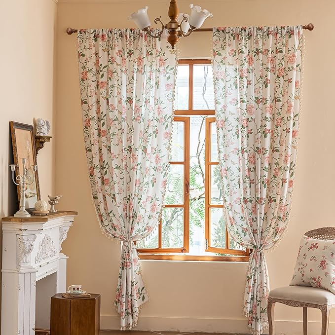 ENJOYBRIDAL Pink Floral 63 Inch Curtains for Bedroom Living Room Drapes Semi Sheer Boho Rod Pocket Short Window Curtains 2 Panel Sets Farmhouse Light Filtering Vintage Cute Window Treatments