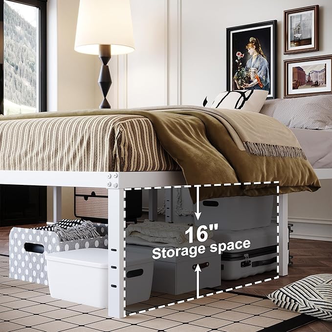 18 Inch Full Size Bed Frame Heavy Duty Metal Platform No Box Spring Needed, Maximum Storage, Easy Assembly, Noise Free, White