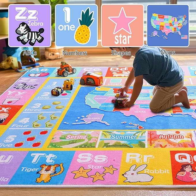 Kids Rugs for Playroom - Soft & Non-Slip 5x7 Feet Educational Rug for Learning ABC Alphabet, Numbers, Shapes & Map, Washable Classroom Rug for Toddler Nursery & Kids Room Decor