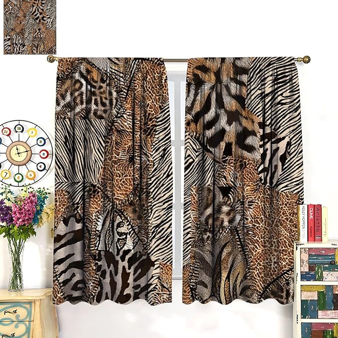 Leopard Print Curtains, Brown Wild Cheetah Zebra Animal Fur Farmhouse Window Curtains for Bedroom Kitchen Living Room 42" W X 45" L