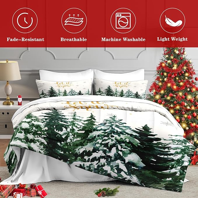7 Pcs Full Size Christmas Comforter Set with 2 Pillowcases & 2 Shams, Countryside Nature Snowy Bedding for Kids and Adults, Winter Forest Green Pine Tree Bed in a Bag with Flat Fitted Sheet