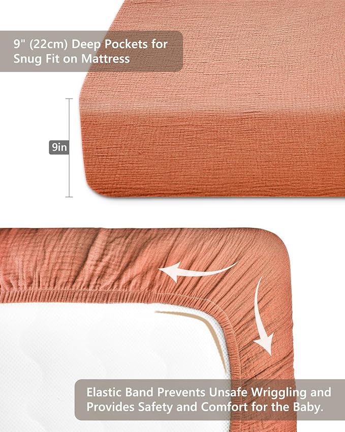 Crib Sheets for Baby Boy Girl 2 Pack, Fitted Crib Mattress Sheet 28" x 52", Muslin Toddler Bedding with Neutral Style, Nursery Bedding Essentials (Brick & Leaf)