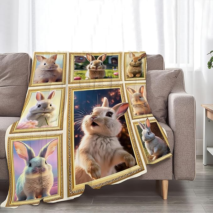 Rabbit Blanket Bunny Gifts for Girls Boys Woman Kids Rabbit Lover Throw Blankets Soft Blanket Warm Fleece Flannel Plush Blankets for Bed Sofa Couch 60"x80"