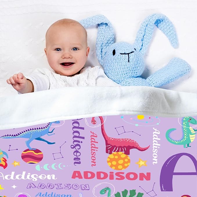Personalized Dinosaur Lover Astronaut Gifts - Purple Baby Dinosaur Custom Blanket for Toddler Boys Girls - Super Soft Fuzzy Lightweight Flannel Throw Sheet Decor for Newborn Crib Nap Couch - 30" X 40"