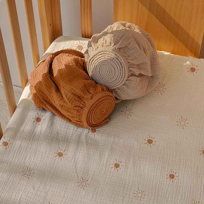 Gllquen Baby Muslin Mini Crib Sheets 3 Pack, Breathable Pack and Play Sheets Fitted Soft Cozy Cotton Pack N Play Sheets for Baby Boy Girls, Universal Fitted Mini Crib Mattresses 38"x26" (Yellow)