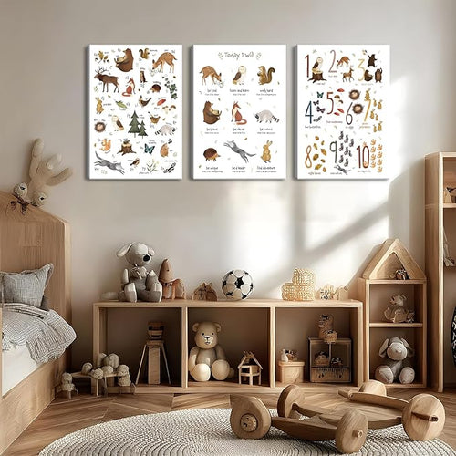 3Pcs Animal Alphabet Numbers Canvas Wall Art Classroom Nursery Painting Educational ABC Poster Prints Kids Playroom Picture Positive Affirmations Animal Wall Decor for Boy Girl Room 12x16in Framed