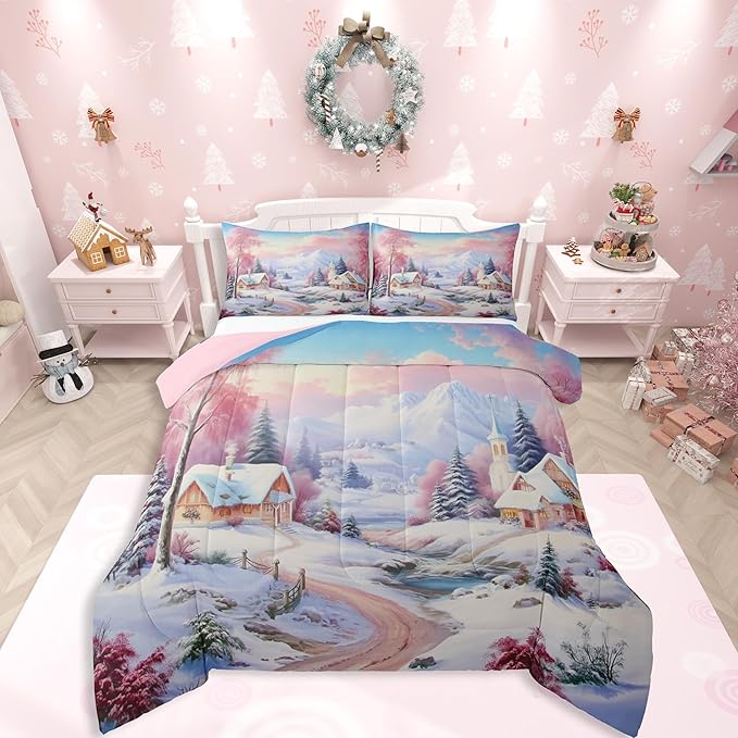Feelyou Merry Christmas Kids Comforter Set King Size Village Barn Bedding Set Winter Snowscape Duvet Quilt for Kids Boys Girls Bedroom Pine Tree Decor Microfiber Ultra Soft Breathable