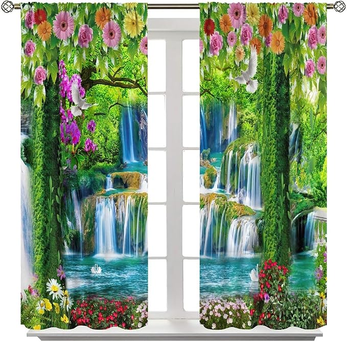 Jungle Nature Blackout Window Curtains, Trees Scenic Waterfall and River Spring Pattern Print Window Drapes, for Living Room Bedroom 42x45in 2 Panels