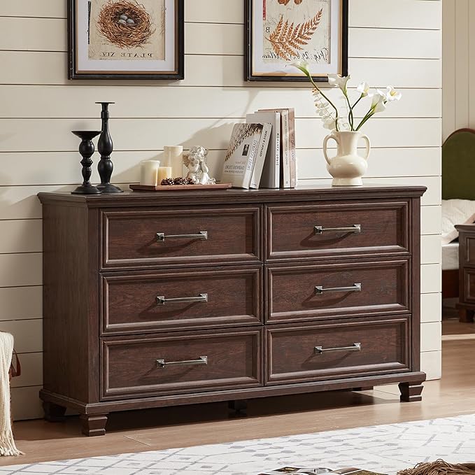 Farmhouse Bedroom Dresser and Nightstand Set of 4, 6 Drawer Tall & Low Dresser & 2 Drawer Nightstand Set, Rustic Wood Furniture Set for Bedroom, Hallway, Walnut