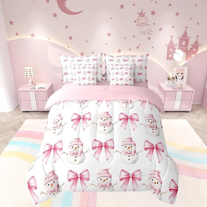 7 Pieces Cartoon Snowman Kids Comforter Twin,Pink Bowknot Bow Tie Princess Toddler Bedding Set,Merry Christmas Xmas Bow New Year（Comforter+Fitted+Flat Sheet+2 Pillowcases+2 Throw Pillow Covers）