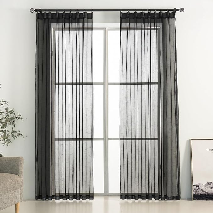 Black Linen Look Pinch Pleated Sheer Curtains 96 Inches Long 2 Panels, 50 Inches Width, Rustic Textured Light Filtering Drapes, Dark Moody Window Curtain with Hooks