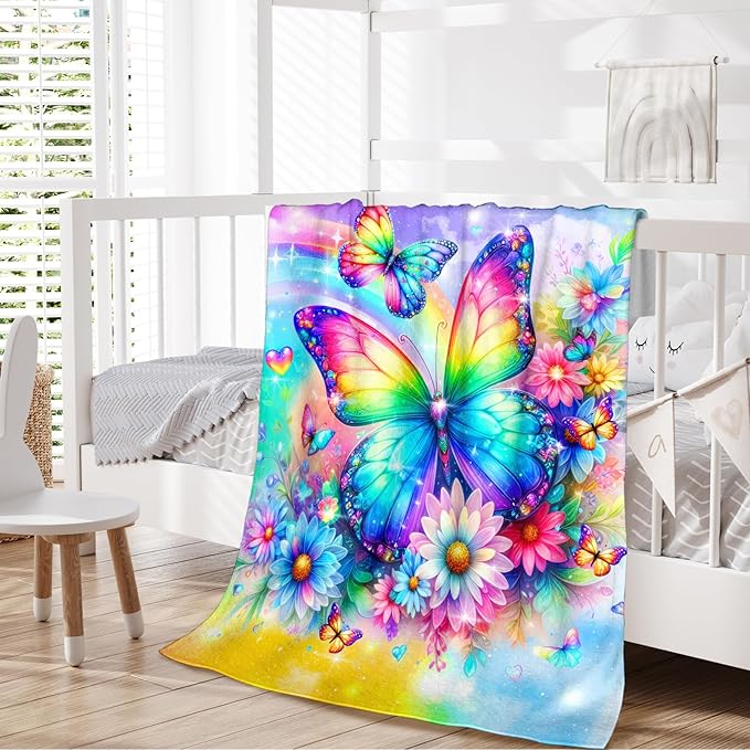 Girls Blanket Butterfly Throw Blankets Gift for Toddler Kids Daughter, 40x50 Inches Soft Cozy Cute Throw for Sofa Couch Living Room Bed Trip