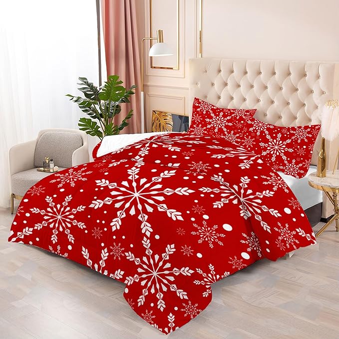Christmas Comforter Set King: White Snowflakes Red Bedding Sets King Size for Teen Girls Women Adults Bedroom Xmas Festival Decor Winter Snowflake Quilt Bed Set 3 Piece