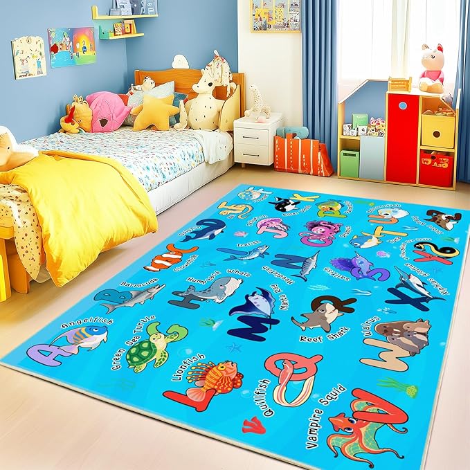 Kids Rugs for Playroom, 7x9 Feet Educational Rug for Learn The ABC Alphabet, Soft Machine Washable Non-Slip Cute Marine Organisms Carpet for Classroom Toddler Nursery Kids Room Decor, Blue