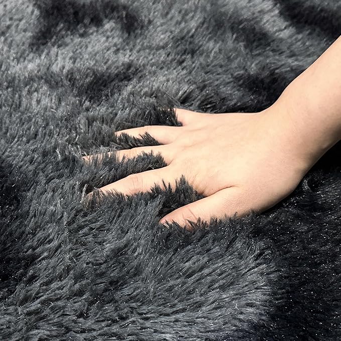 4 ft Round Fluffy Black Rug for Bedroom,Tie Dyed Furry Round Carpet Non Slip Fuzzy Shaggy Plush Circle Area Rug for Living Room Teen's Room Nursery Room Playroom Kids Room Home Decor Washable
