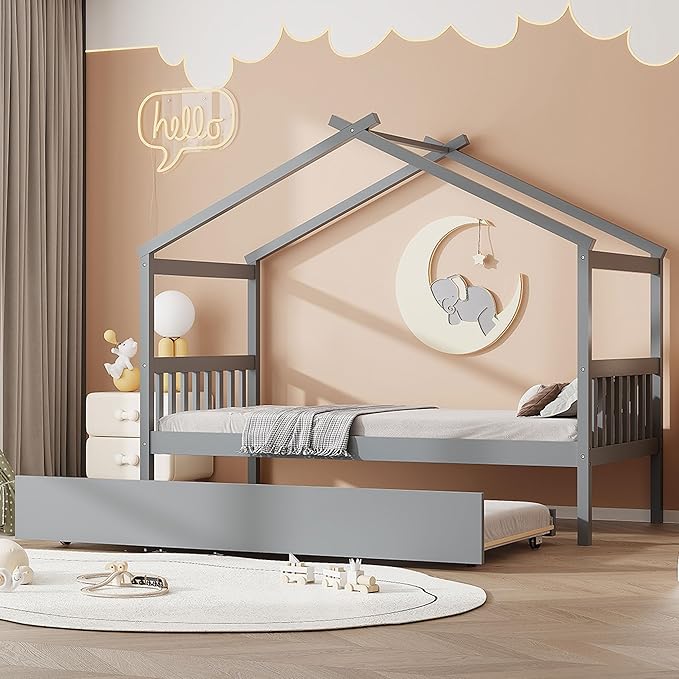 Merax Twin Size Wooden House Bed with Trundle, Wood Bed Frame with Roof for Kids, Teens, Boys or Girls, Grey