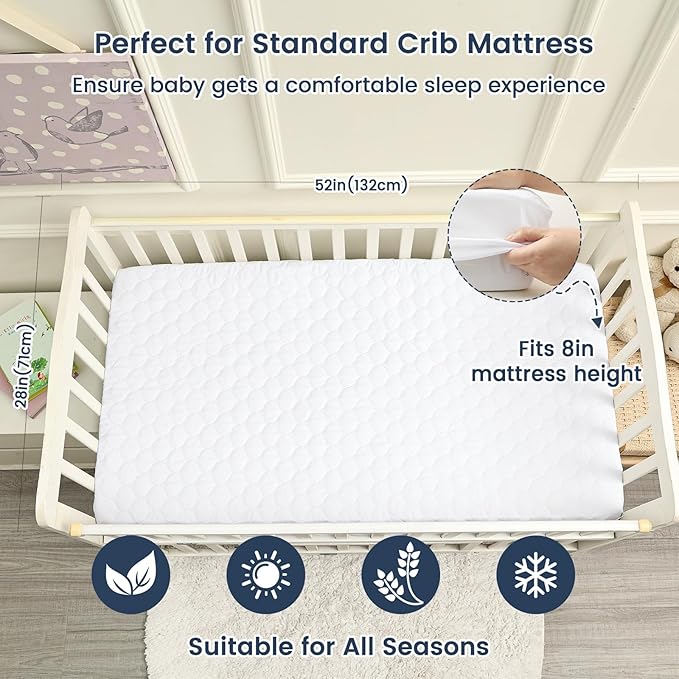 david's kids 2 Pack 52''x28'' Waterproof Crib Mattress Protector Pad Cover Stretch up to 8", Fitted Standard Crib and Toddler Mattresses, Ultra Soft and Breathable for Boys Girls Neutral, White