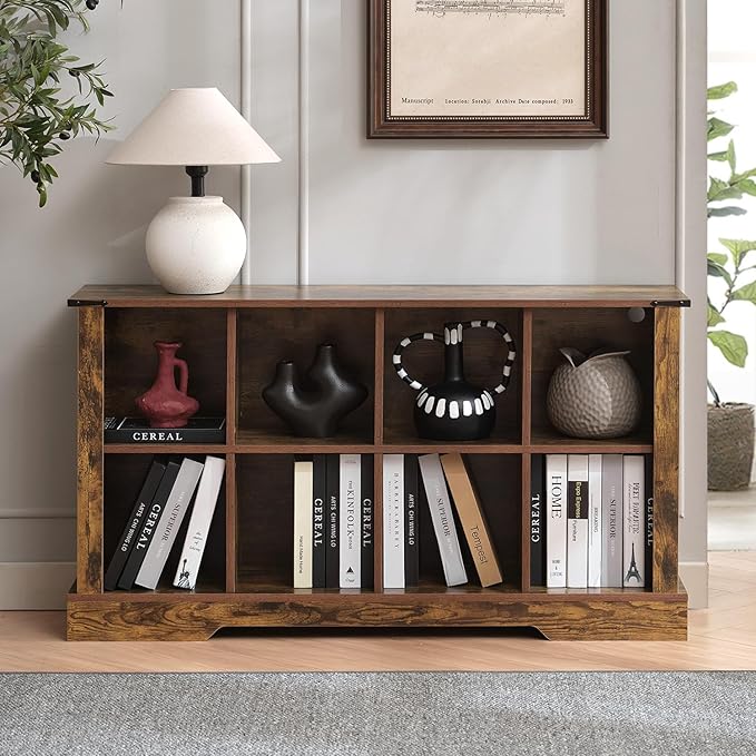 8 Cube Storage Organizer, 2 Tier Book Shelf with Led Lights, Farmhouse Book Shelves for Living Room, Horizontal Toy Storage Bookshelf, Wood Display Bookcase Cabinet for Bedroom, Office, Brown