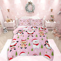 Feelyou Pink Christmas Bedding Set Soft for Boys Girls, Santa Claus Comforter Set King Size Penguin Deer Duvet Quilt Microfiber Xmas Snowflake Tree Bedroom Decor 3 Pcs with 2 Pillow Cases
