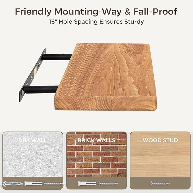 Fun Memories 55 Inch Floating Shelves for Wall, Solid Elm Wood Wall Shelf for Home Decor, Heavy-Duty Hardwood Floating Shelf for Bedroom, Bathroom, Living Room, Set of 1