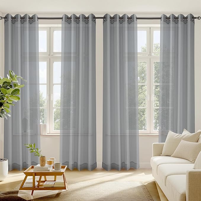RYB HOME Light Filtering Curtains 84 Inches Long, Grommet Voile Airy Lightweight Solid Drapes, Sheer Window Treatments Curtains for Living Room Kitchen Bedroom, Gray, 54" W x 84" L, 4 Pieces