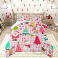 Castle Fairy Merry Christmas Kids Comforter Set King Size,Cartoon Xmas Style Cute Animals Bedding Set All Season Quilt Set,Santa Claus Pine Trees Pink Checkered Microfiber Polyester Down Comforter