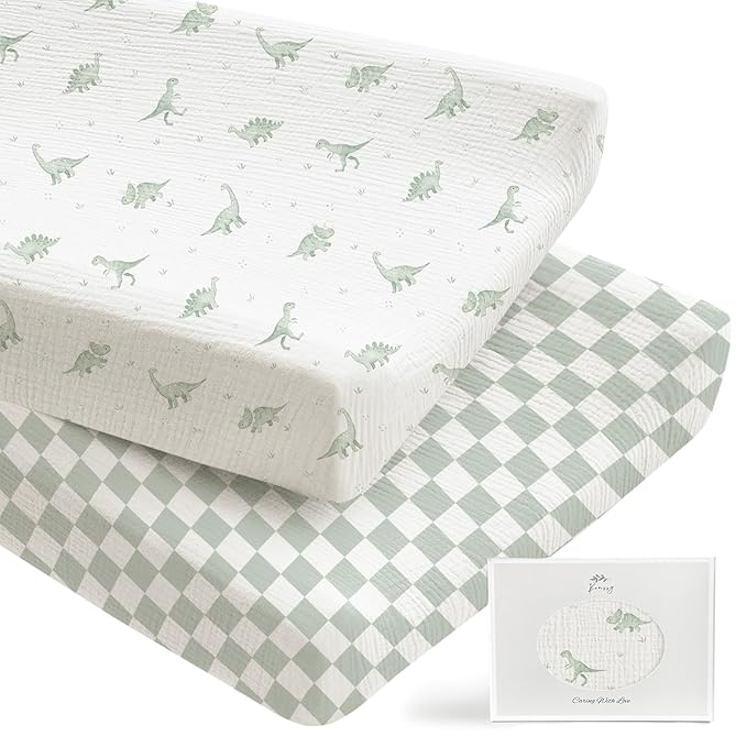 Konssy 2 Pack Muslin Changing Pad Covers for Boys, Ultra Soft & Breathable Cotton Baby Diaper Changing Table Covers, Neutral Nursery Diaper Changing Pad Sheets (Green Dino,Baby Green Plaid)