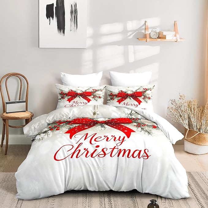 Christmas Duvet Cover Twin Size Merry Christmas Bedding Set Kids Boys Girls Red Bow Pattern Comforter Cover 2 Pcs with Zipper Closure (No Comforter)