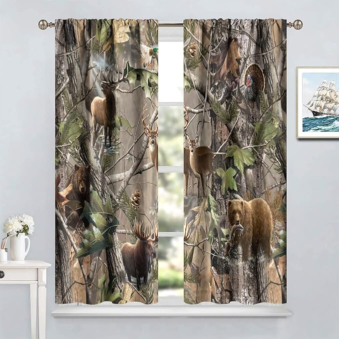 Retro Forest Window Curtains, Camouflage Hunting Tree Camo Rustic Deer Elk Bird Bear Blackout Rod Pocket Windows Door Curtain for Bedroom Living Room Home Decor 55x63in