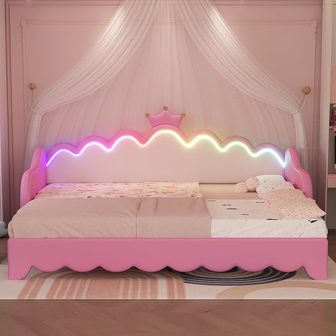 Merax Twin Size Upholstered Princess Bed Frame with Crown Headboard and Light Strips, Space-Saving Extending Daybed Pull Out Sofa Bed for Girls Teens Kids Bedroom, No Box Spring Needed, Pink