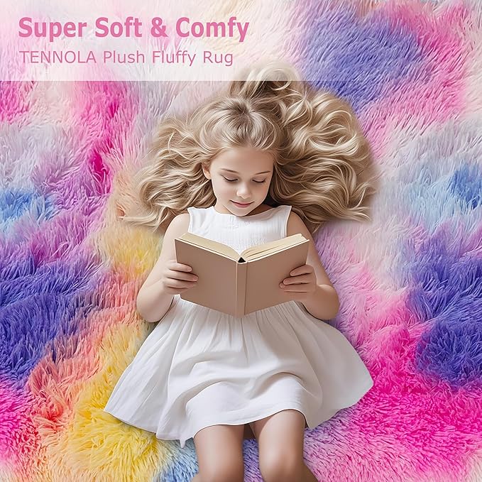 Dark Rainbow Rug for Kids Room 6x9 Cute Fluffy Kids Area Rugs for Bedroom Girls Boys Teens Dorm Toddler Nursery Soft Plush Fuzzy Shag Carpet for Living Room Indoor Floor Shaggy Rug Non Slip