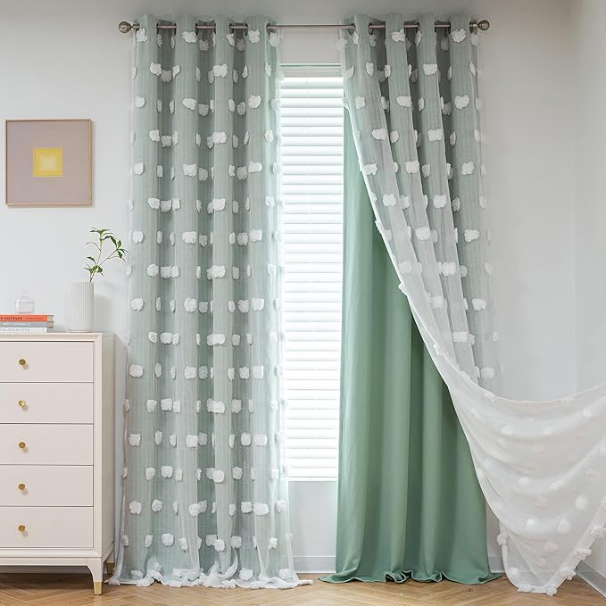 MYSKY HOME Room Darkening Curtains White Sheer Pom Pom Curtains for Living Room Aqua Blackout Curtains for Sliding Door Decor Drapes Double Layer Window Panels Boys Bedroom Grommet Set of 2 W52 X L95