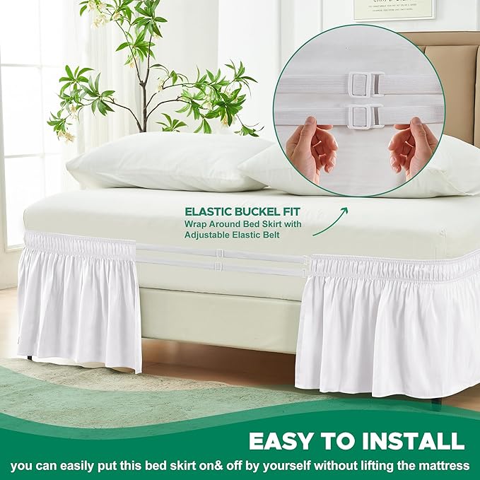 Biscaynebay Wrap Around Bed Skirts for Full & Full XL Beds 19" Long Drop, White Adjustable Elastic Dust Ruffles Easy Fit Wrinkle & Fade Resistant Silky Luxurious Fabric Solid Machine Washable
