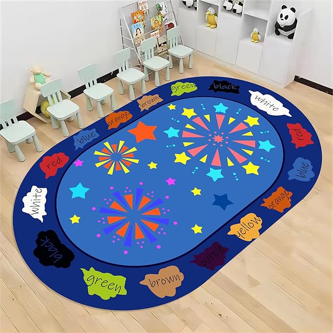 Kids Educational Rug, 5x8ft, Children's Area Rugs for Learning Colors and Shapes, Stars Firework Pattern Oval Rug for Classroom Playroom, Soft Non-Slip Blue Floor Mat for Boys Girls Bedroom
