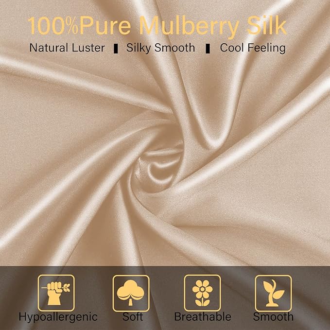 100% Mulberry Silk Pillowcase 2 Pack for Hair and Skin,with Hidden Zipper,Both Sides 22 Momme Natural Silk Pillow Cover,Soft Breathable & Smooth (Beige, King)