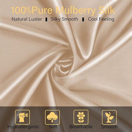 100% Mulberry Silk Pillowcase 2 Pack for Hair and Skin,with Hidden Zipper,Both Sides 22 Momme Natural Silk Pillow Cover,Soft Breathable & Smooth (Beige, Queen)