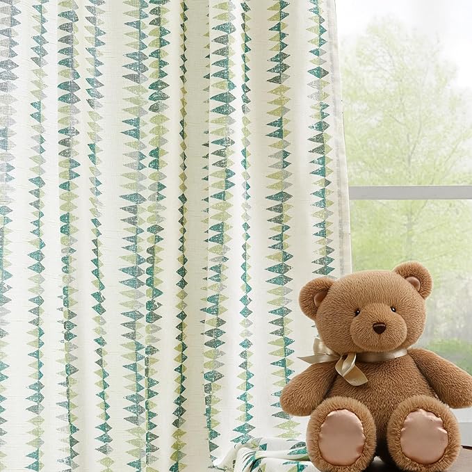 jinchan Linen Nursery Curtains for Living Room Boho Curtains for Bedroom Kids Room 84 Inches Long Geometric Printed Farmhouse Drapes Rod Pocket Window Treatment Curtain Set of 2 Panels Green